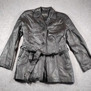 Michael Michelle Leather Trench‎ Coat Jacket Womens Large Black Belted Button